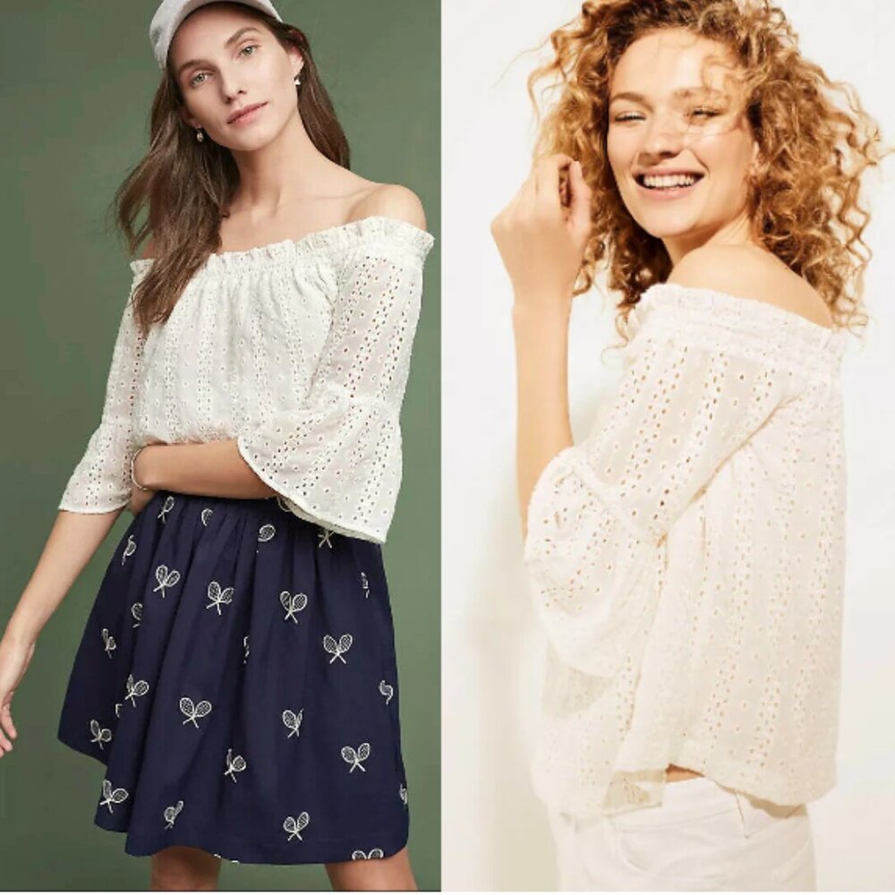 FLOREAT x ANTHROPOLOGIE Eyelet Off-the-Shoulder Blouse Ivory White Size S